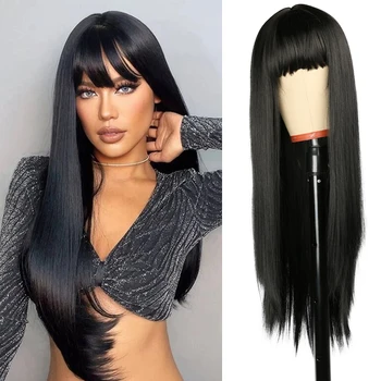 Длинный Прямой черный парик с челкой, синтетические парики для женщин, термостойкие натуральные волосы для ежедневных косплей-вечеринок на Хэллоуин