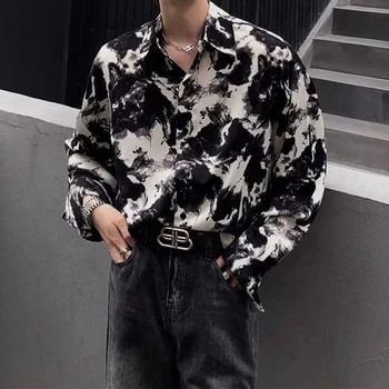 Мужская рубашка Y2K, уличная одежда, осенние повседневные рубашки с длинным рукавом и отложным воротником на пуговицах, Модные топы с графическим принтом, свободная рубашка для мужчин
