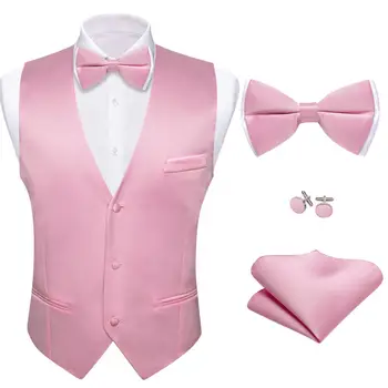 Роскошный жилет для мужчин, шелковый однотонный розовый жилет с V-образным вырезом, комплект с галстуком-бабочкой, Свадебная деловая вечеринка, куртка без рукавов Barry Wang